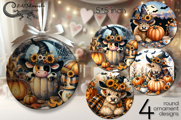 Halloween cows | 4 round ornaments sublimation designs P