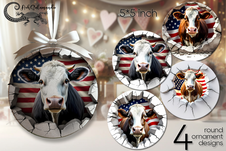 Cow & wall | patriotic round ornament sublimation design