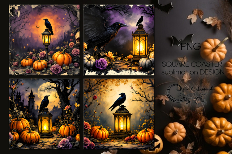 Vintage halloween | 4 square coaster sublimation designs PL2