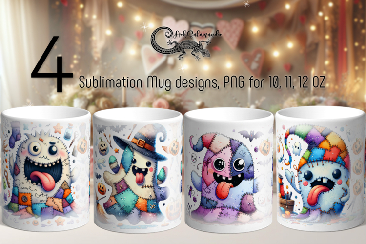 Halloween patchwork | 4 spooky Sublimation Mug designs PLUS2