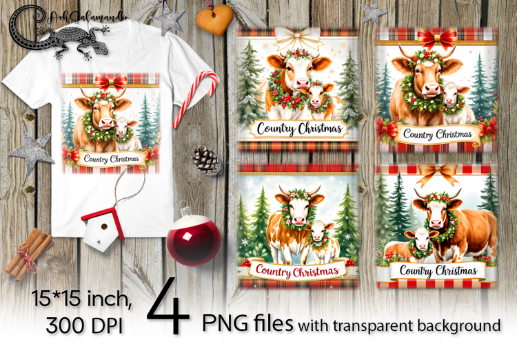 Country Christmas | 4 cow PNG Sublimation designs
