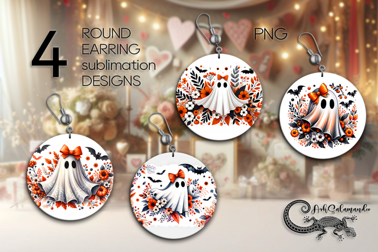 Cute ghost | 4 Funny Halloween Sublimation round earring P2