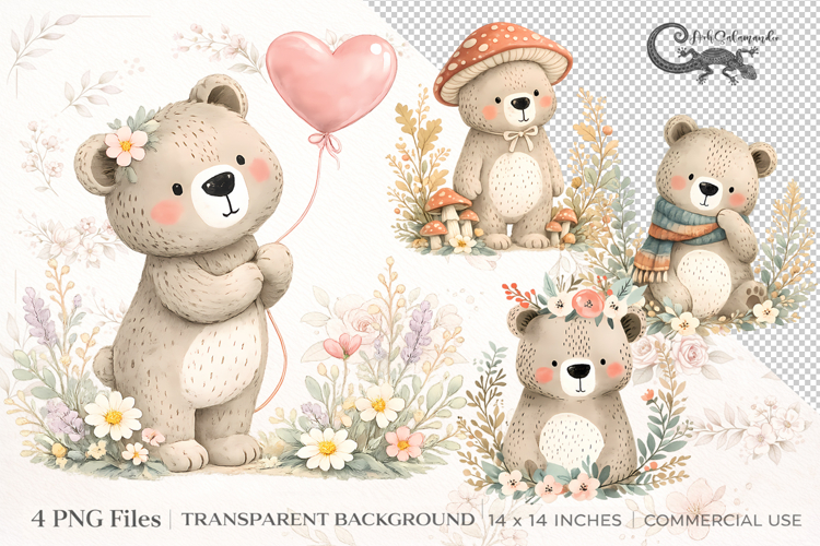Scandi Floral Bear Clipart set | 4 PNG sublimation designs