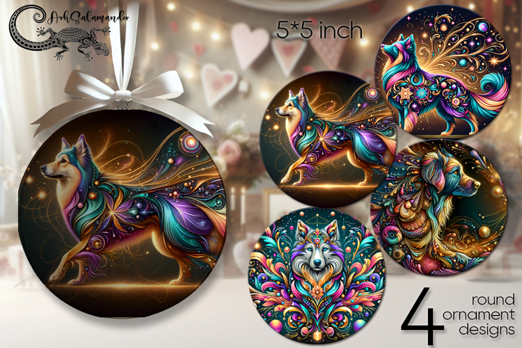 Fantasy Dogs | 4 round ornaments sublimation designs P