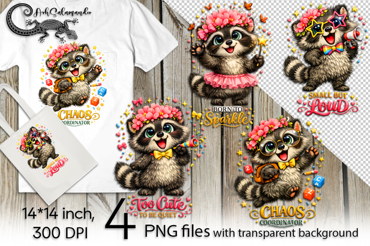 Funny raccoon | 4 cute kids PNG Sublimation designs