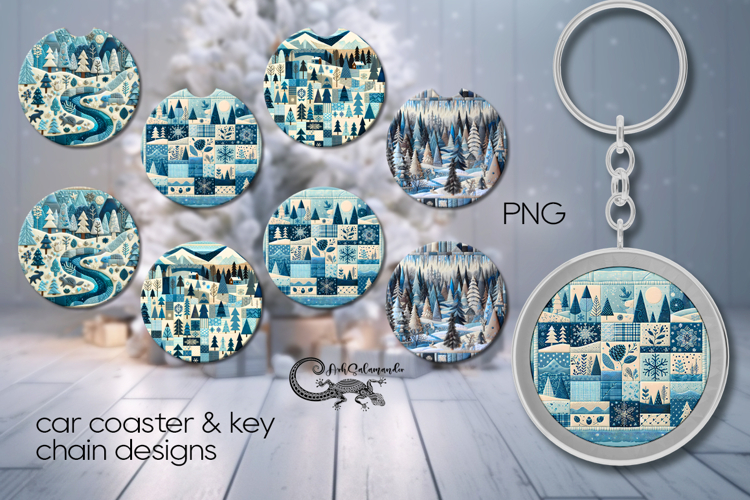 Xmas patchwork landscape | 4 Car coaster & 4 key chain P2