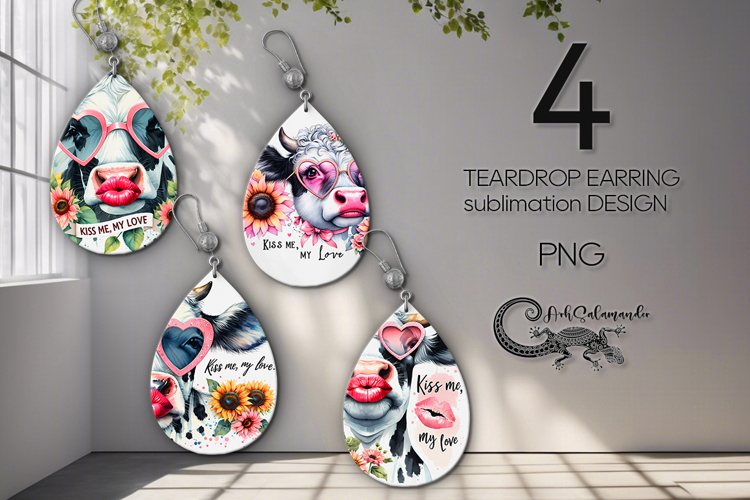 Cows & flowers | 4 Teardrop earring sublimation designs PL2