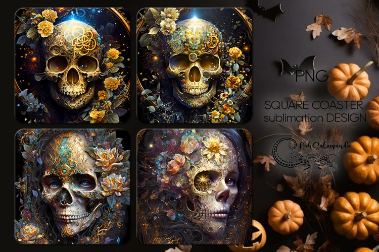 Skulls with flowers | Halloween square coaster sublimation 2