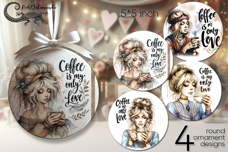 Coffee girl | 4 round ornaments sublimation designs PL2