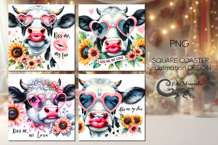 Flower & cows | 4 square coaster sublimation designs PLUS2