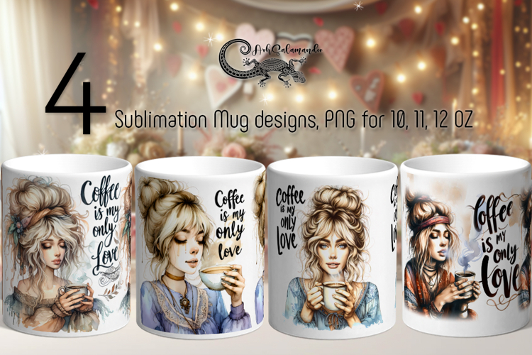 Coffee girl | 4 watercolor Mug sublimation designs PLUS2