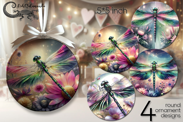 Dragonfly | watercolor round ornaments sublimation design P2