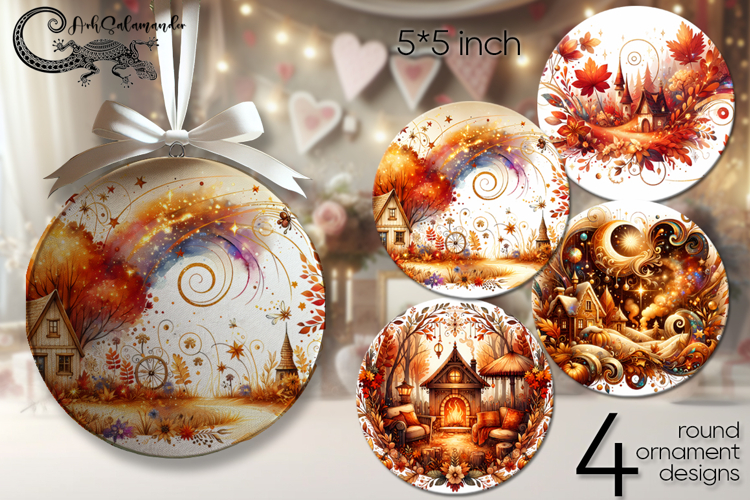 Golden autumn | 4 fall Round ornament sublimation designs P2