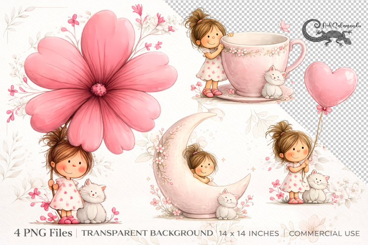 Cute Girl Floral Clipart Set | 4 PNG sublimation designs