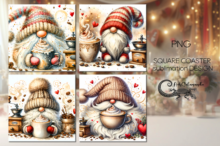 Coffee gnomes | watercolor square coaster sublimation P2