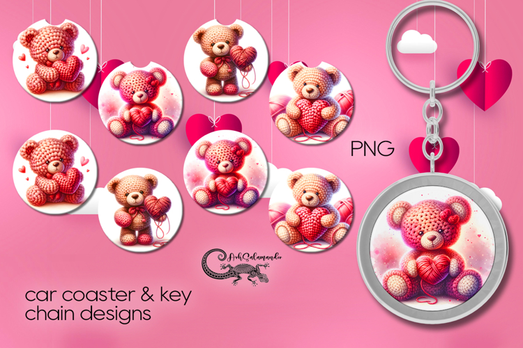 Valentine teddy bear | 4 car coaster & 4 key chain designs P