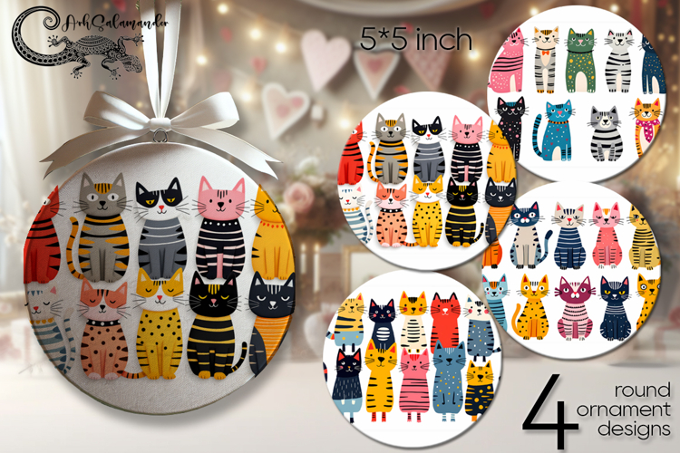 Colorful Cats | 4 round ornaments sublimation designs P2