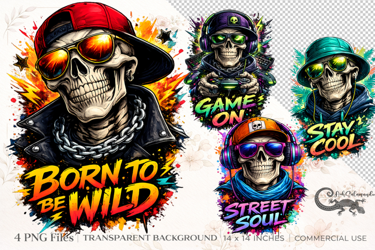 Skull Streetwear Clipart Bundle | 4 PNG sublimation designs