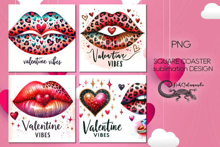 Valentine lips | 4 square coaster sublimation designs P2