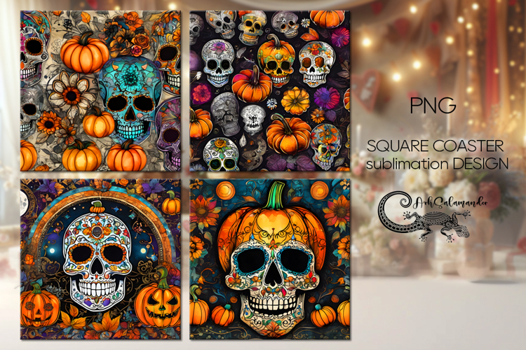 Sugar Skulls | Halloween square coaster sublimation Pl2