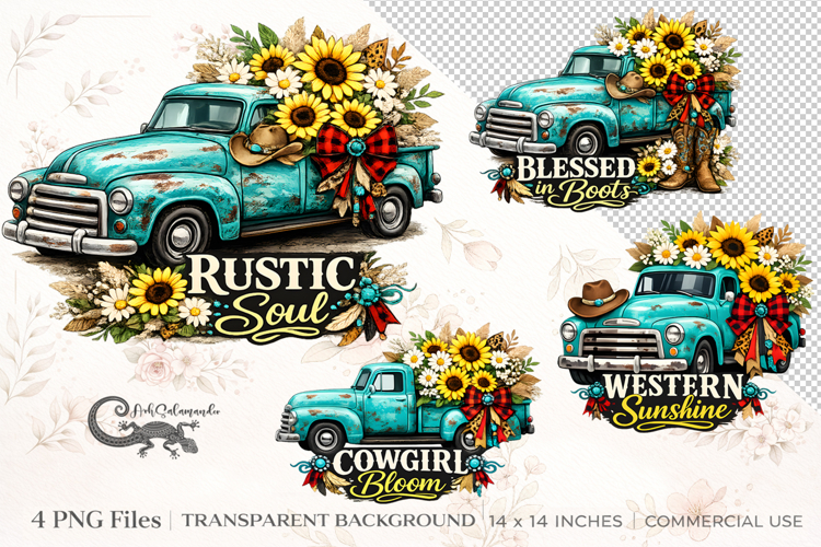Country truck & sunflowers | 4 PNG Sublimation clipart