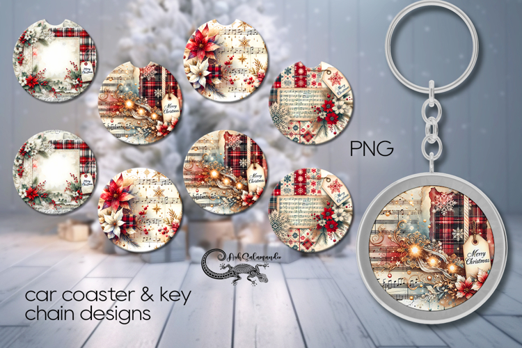 Vintage Christmas | 4 Car coaster & 4 key chain designs
