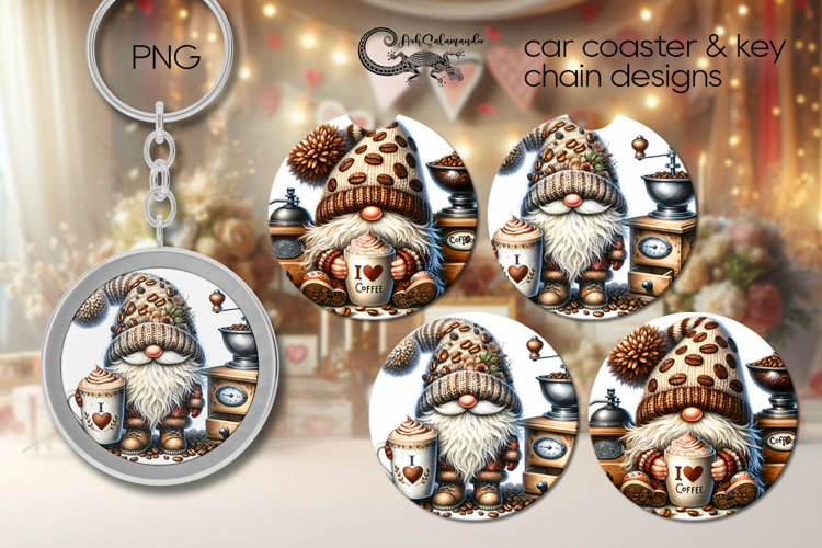 Coffee Gnomes | watercolor Car coaster & key chain design P2