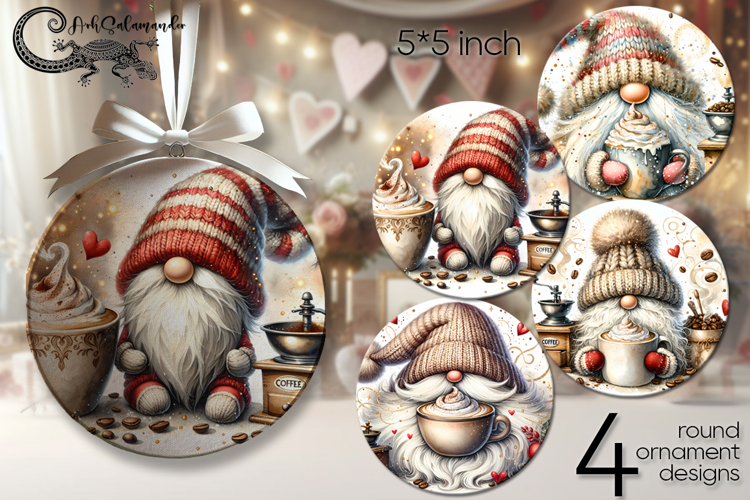 Coffee gnomes | 4 Watercolor round ornaments sublimation P2