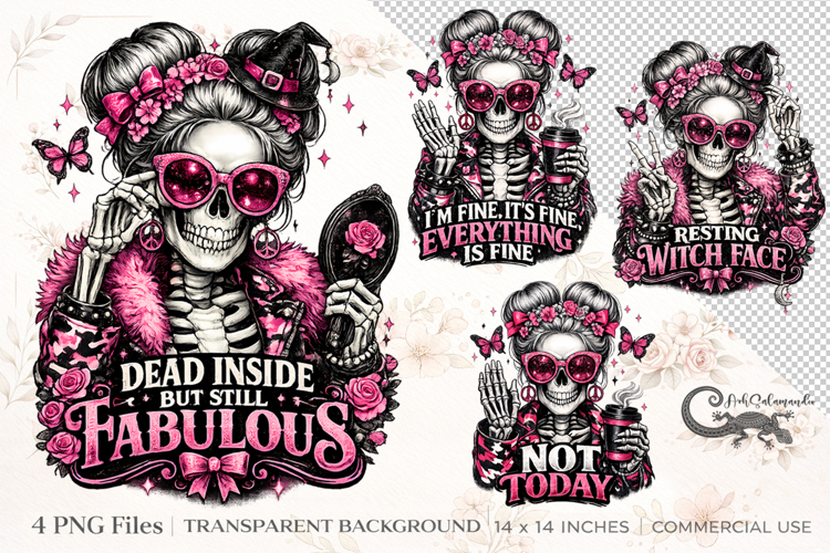Pink Goth Skeleton Girl Set | 4 PNG sublimation cliparts