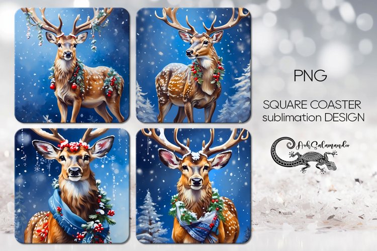 Christmas deer | 4 square coaster sublimation designs PLUS2
