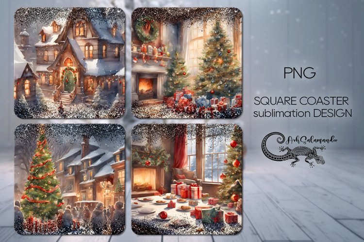 Watercolor Christmas | 4 square coaster sublimation designs2