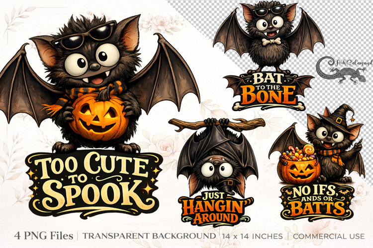 Funny Bat Halloween Clipart set | 4 PNG sublimation designs