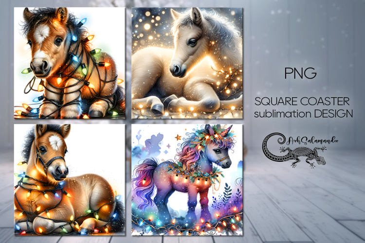 Xmas horse & garland | 4 square coaster sublimation designs