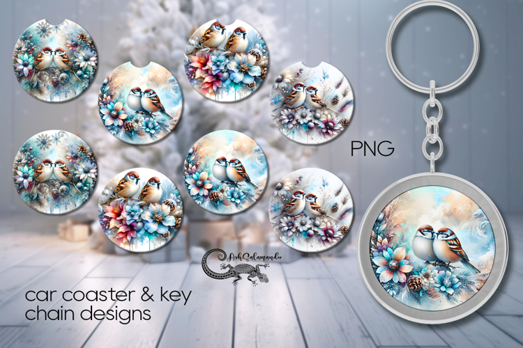 Christmas birds | 4 xmas Car coaster & 4 key chain design