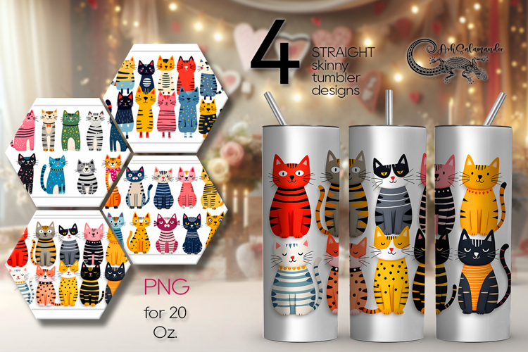 Colorful Cats | 4 Skinny tumbler sublimation designs PL2