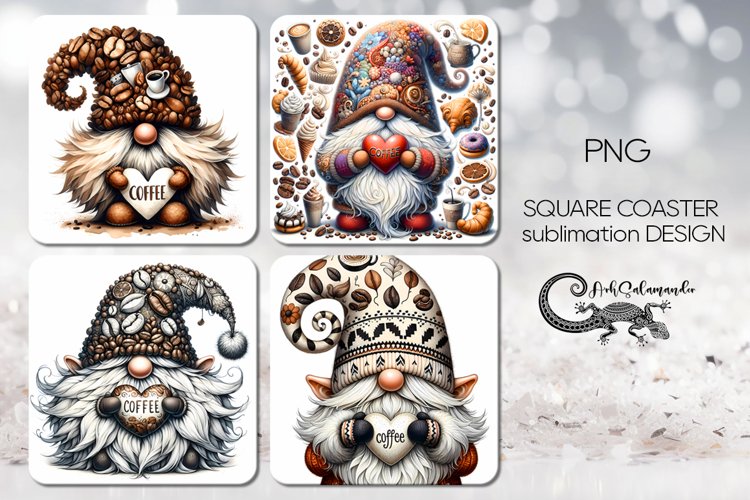Coffee gnome | 4 square coaster sublimation designs PLUS2