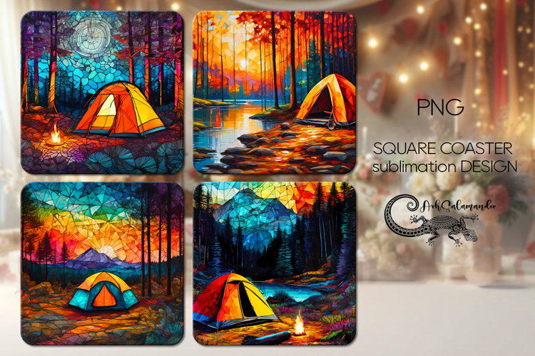 Tent in forest | 4 square coaster sublimation designs PL2