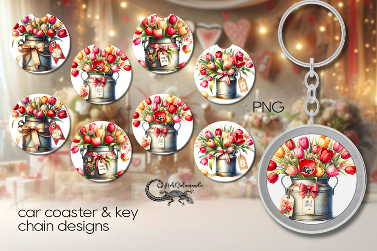 Flowers | 4 car coaster & 4 key chain sublimation designs