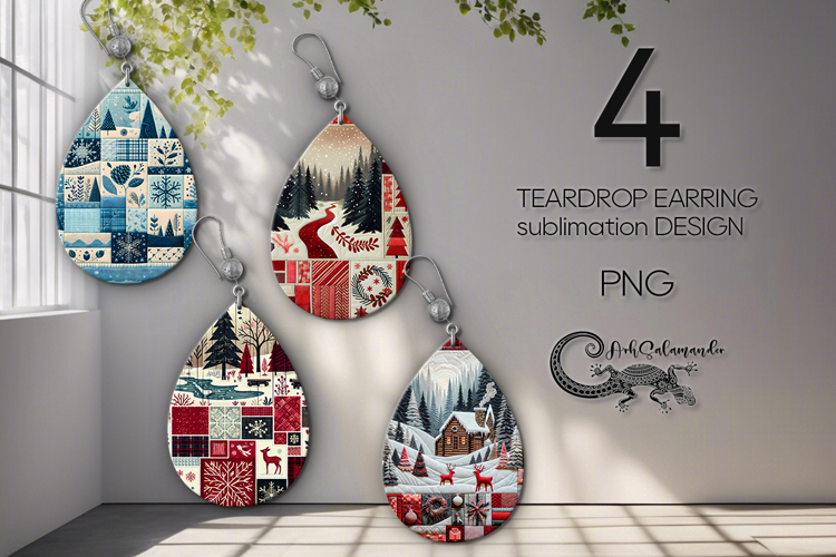 Xmas patchwork landscape | Teardrop earring sublimation PL2