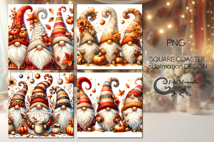 Autumn gnomes | 4 fall square coaster sublimation designs P2