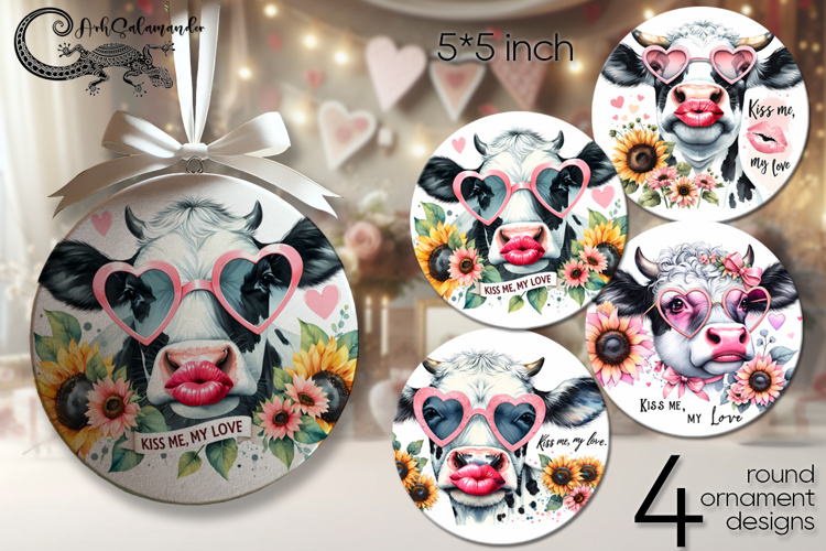 Cow & sunflowers | watercolor round ornament sublimation P2