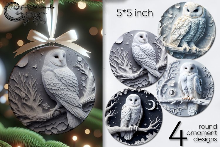 Wooden owl | 4 Round ornaments sublimation designs P2