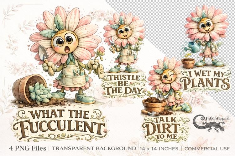 Funny Flower Clipart Bundle | 4 PNG sublimation designs