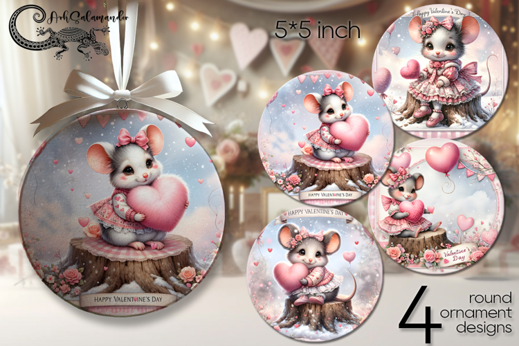 Valentine mouse | 4 love round ornaments sublimation dsigns