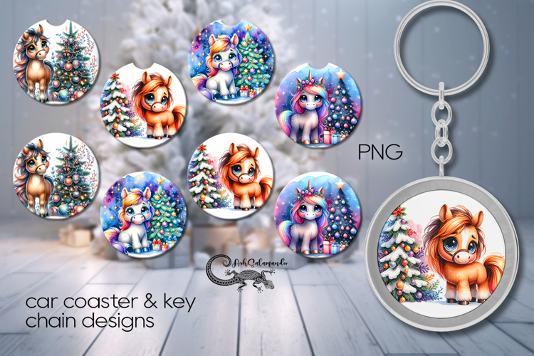 Christmas horse | 4 Car coaster & 4 key chain designs P2