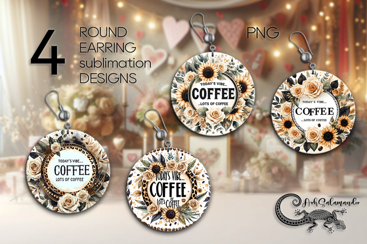 Coffee & flowers | 4 Round earring sublimation designs PL2