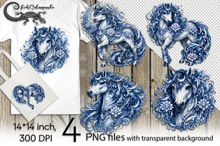 Folk Horse| 4 blue PNG Sublimation designs