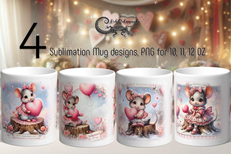 Cute valentine mouse | 4 love mug sublimation designs PLUS