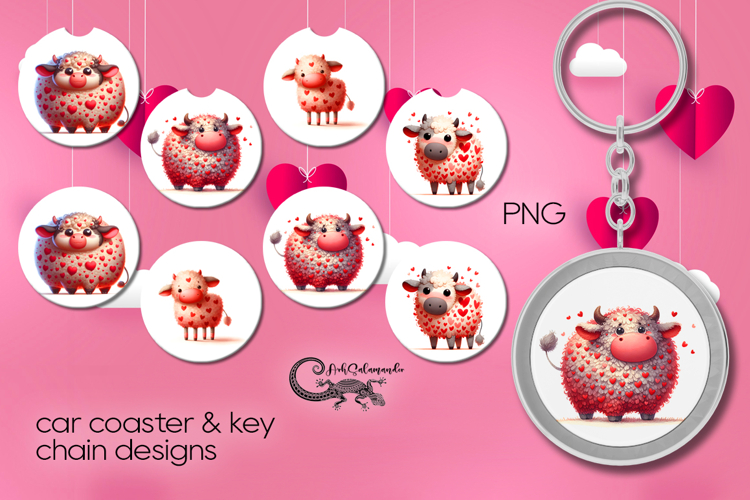 Valentine cow | 4 car coaster & 4 key chain designs