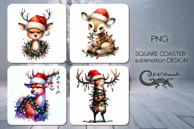 Christmas deer | 4 square coaster sublimation designs PLUS2